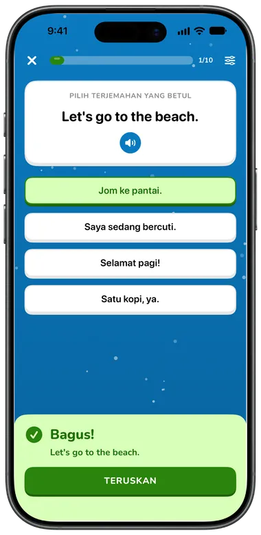 Latihan pilihan berganda: “Let's go to the beach.” dijawab dengan betul sebagai “Jom ke pantai.”