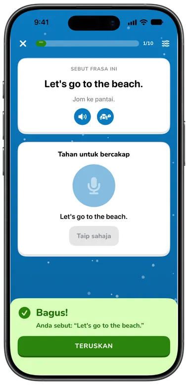 Latihan Tutur: sebut “Let's go to the beach.”, dikenal pasti dengan betul