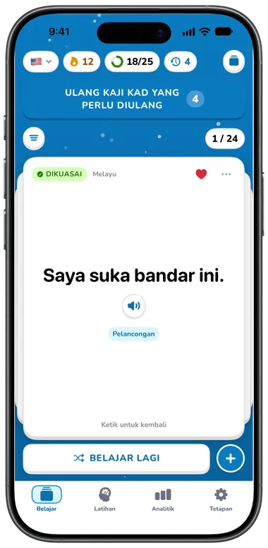 Kad yang diterbalikkan menunjukkan maksud Bahasa Melayu “Saya suka bandar ini.”