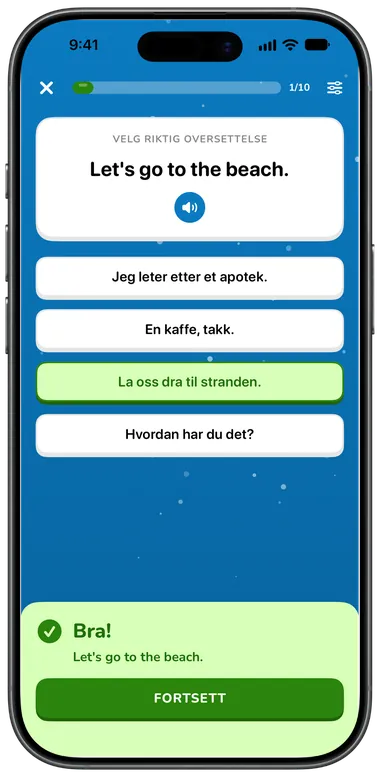 Flervalgsoppgave: «Let's go to the beach.» besvart riktig med «La oss dra til stranden.»