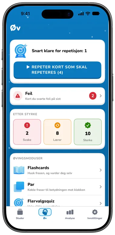 Øv-fanen med kort som venter, feil og øvingsmoduser