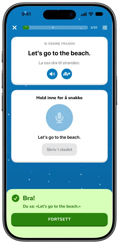 Snakk-oppgave: si «Let's go to the beach.», gjenkjent riktig