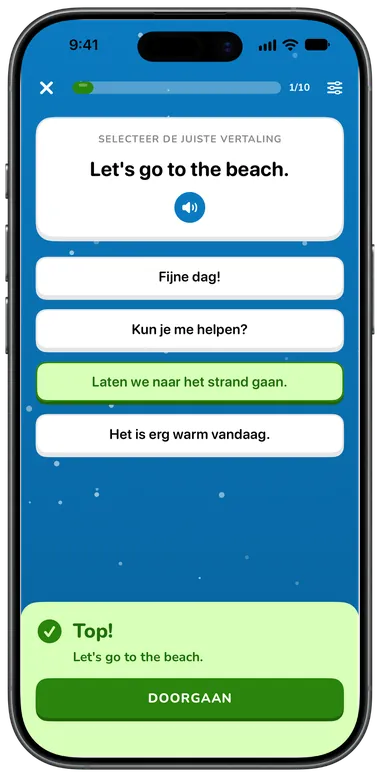 Meerkeuzeoefening: “Let’s go to the beach.” goed beantwoord met “Laten we naar het strand gaan.”