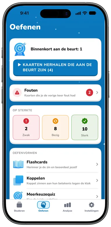 Tabblad Oefenen met kaarten die klaarstaan, fouten en oefenmodi