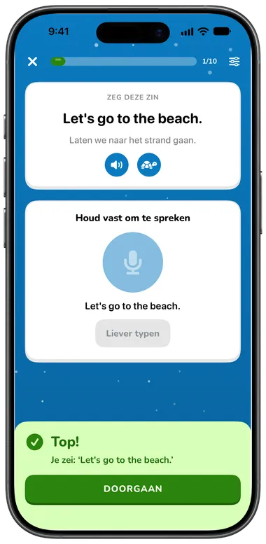 Spreekoefening: zeg “Let’s go to the beach.”, goed herkend