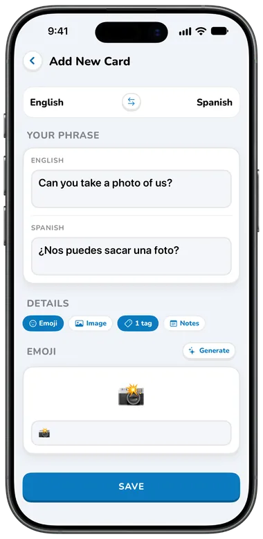 Add Card screen: “Can you take a photo of us?” translated into Spanish
