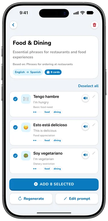 AI-generated Food & Dining collection with cards like “Tengo hambre” and “Esto está delicioso”