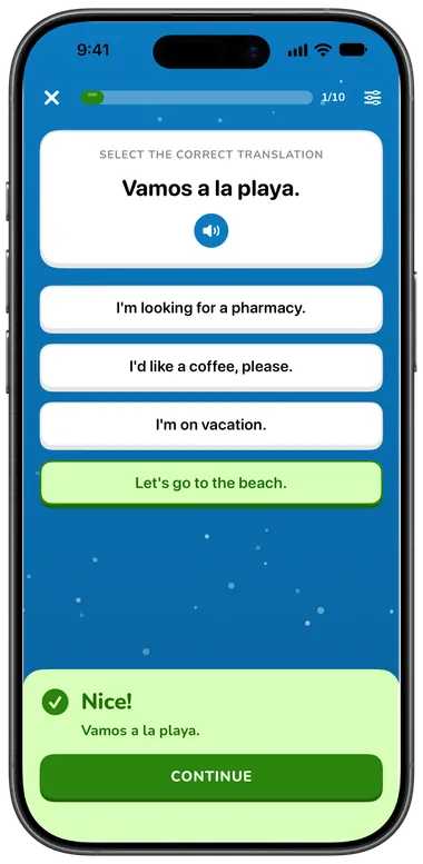 Multiple-choice exercise: “Vamos a la playa.” answered correctly with “Let's go to the beach.”