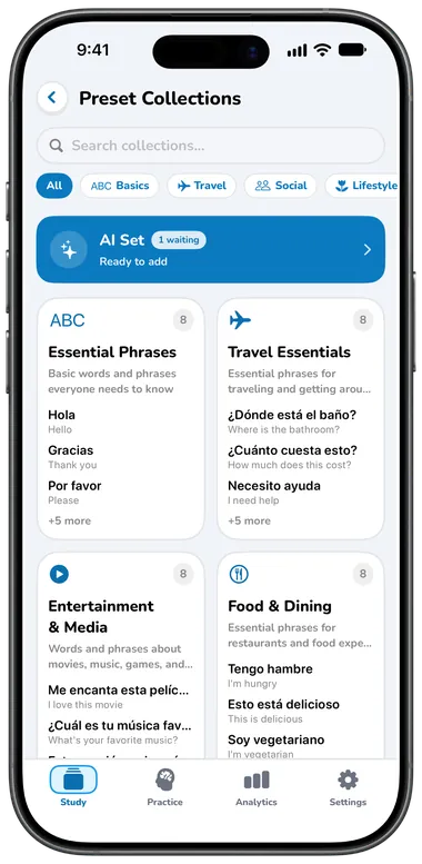 Preset Collections screen with Essential Phrases, Travel Essentials and more