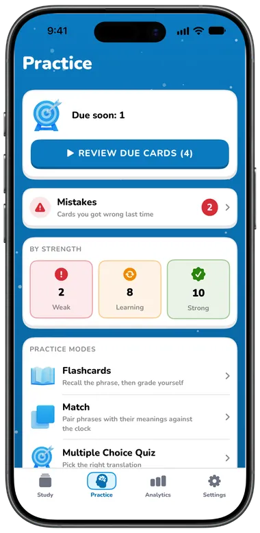 Practice tab with Review due cards, mistakes and practice modes