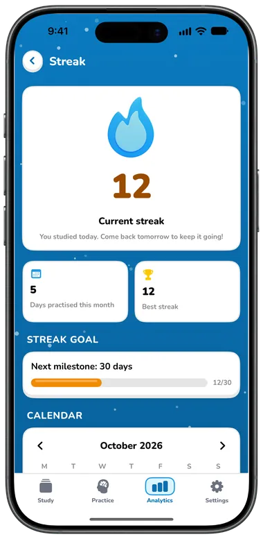 Streak screen: a 12-day current streak, best streak 12 and the next milestone at 30 days