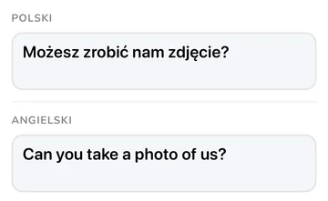 Panel zwrotu z polskim zdaniem „Możesz zrobić nam zdjęcie?” i angielskim tłumaczeniem „Can you take a photo of us?”