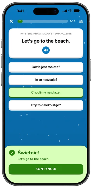 Quiz wielokrotnego wyboru: „Let's go to the beach.” z poprawnie wybraną odpowiedzią „Chodźmy na plażę.”