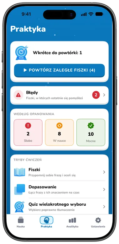 Zakładka Praktyka z powtórką zaległych fiszek, błędami i trybami ćwiczeń