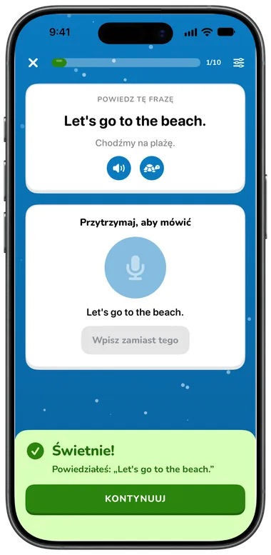 Ćwiczenie Mówienie: powiedz „Let's go to the beach.”, rozpoznane poprawnie