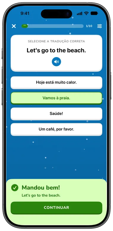 Exercício de múltipla escolha: “Let's go to the beach.” respondido corretamente com “Vamos à praia.”