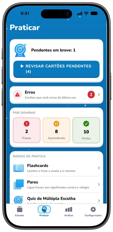 Aba Praticar com Revisar cartões pendentes, erros e modos de prática