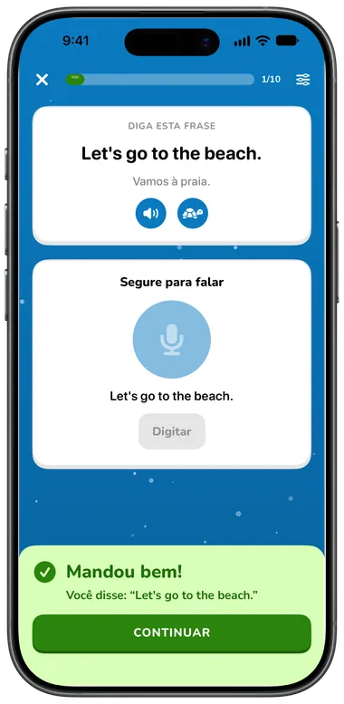 Exercício Falar: diga “Let's go to the beach.”, reconhecido corretamente