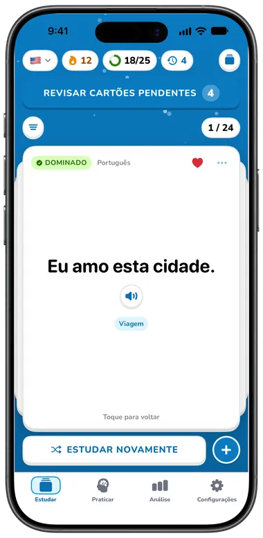 Um cartão virado mostrando o significado em português