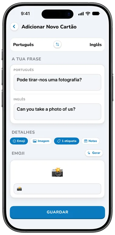 Ecrã Adicionar Novo Cartão com tradução automática