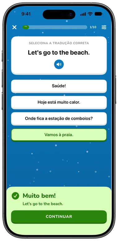 Exercício de escolha múltipla: «Let's go to the beach.» respondido corretamente com «Vamos à praia.»