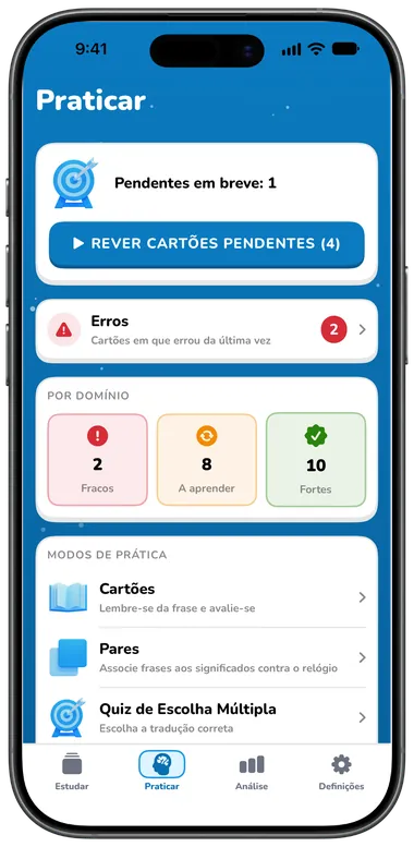 Separador Praticar com Rever cartões pendentes, erros e modos de prática