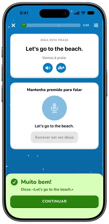 Exercício Falar: diz «Let's go to the beach.», reconhecido corretamente