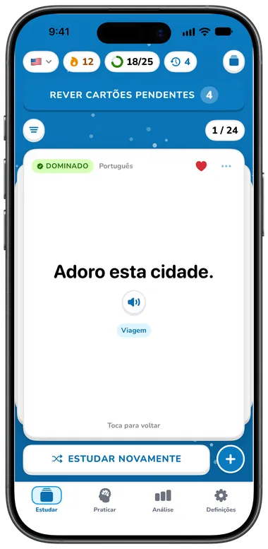 Um cartão virado a mostrar o significado em português
