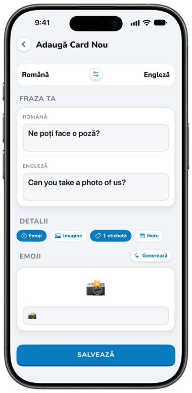 Ecranul Adaugă card cu traducere automată
