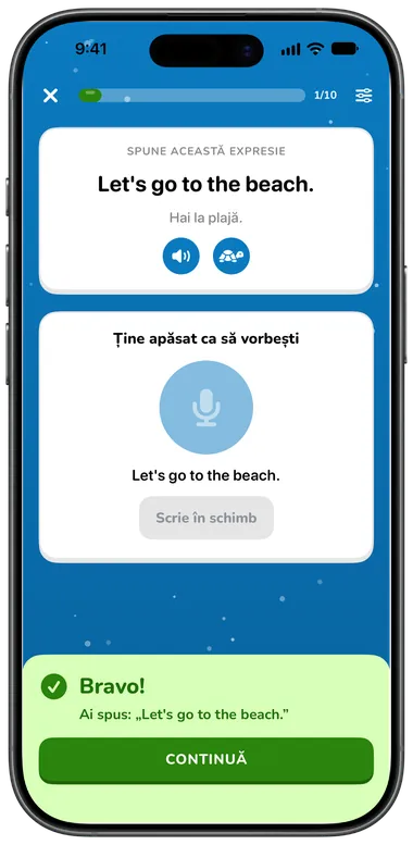 Exercițiu de vorbire: spune „Let’s go to the beach.”, recunoscut corect