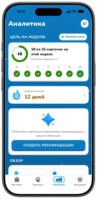 Вкладка «Аналитика» с целью на неделю и статистикой занятий
