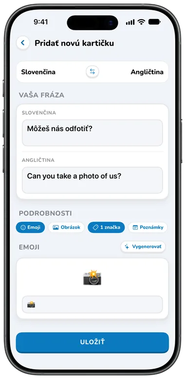 Obrazovka Pridať novú kartičku s automatickým prekladom