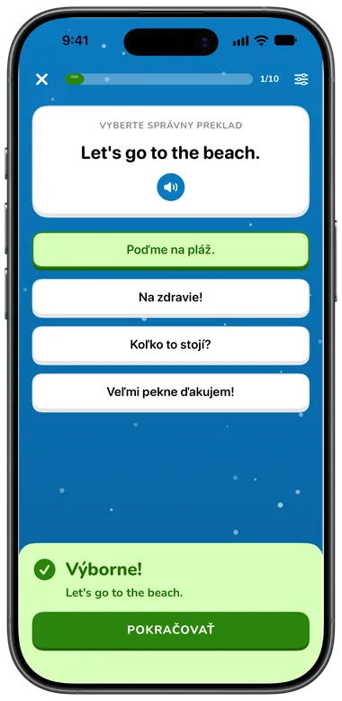 Test s výberom odpovedí: „Let's go to the beach.“ správne zodpovedané ako „Poďme na pláž.“