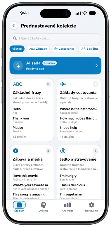 Obrazovka Prednastavené kolekcie