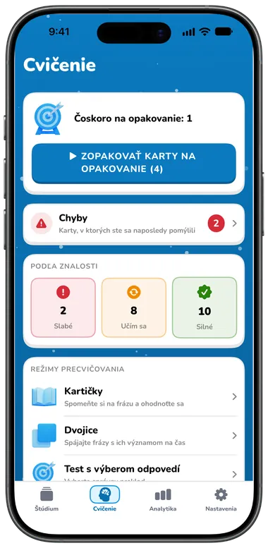 Karta Cvičenie so Zopakovať karty na opakovanie, chybami a režimami precvičovania