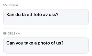 Fraspanel med den svenska frasen och den engelska översättningen ”Can you take a photo of us?”