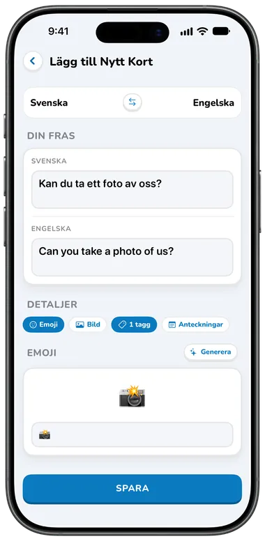 Skärmen Lägg till kort med automatisk översättning