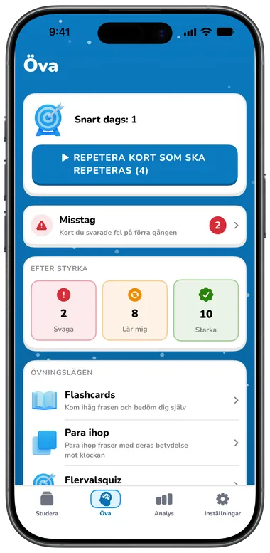 Fliken Öva med kort som väntar, misstag och övningslägen