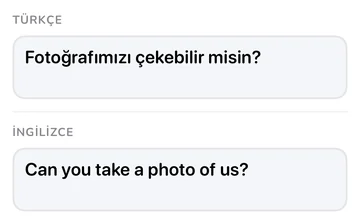 İfade paneli: Türkçe ifade ve İngilizce çevirisi “Can you take a photo of us?”