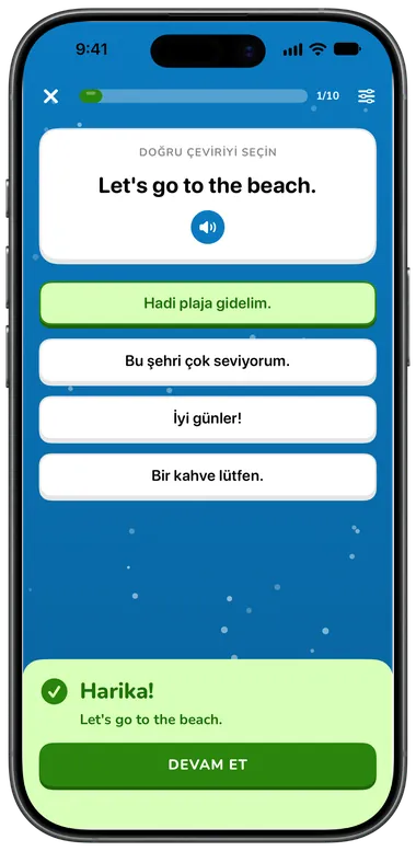 Çoktan seçmeli alıştırma: “Let's go to the beach.” için doğru cevap “Hadi plaja gidelim.”