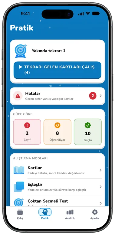 Zamanı gelen kartlar, hatalar ve pratik modlarıyla Pratik sekmesi
