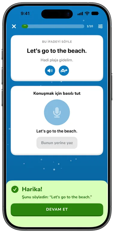 Konuşma alıştırması: “Let's go to the beach.” söylendi ve doğru tanındı