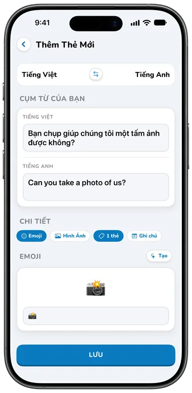 Màn hình Thêm Thẻ Mới tự động dịch câu tiếng Việt sang tiếng Anh