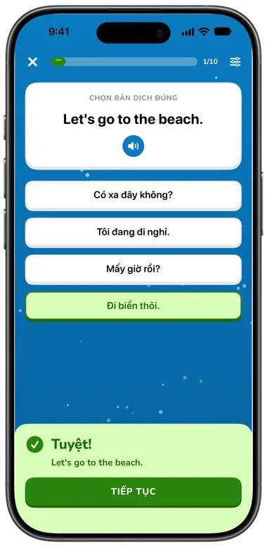 Bài trắc nghiệm: “Let's go to the beach.” được trả lời đúng là “Đi biển thôi.”