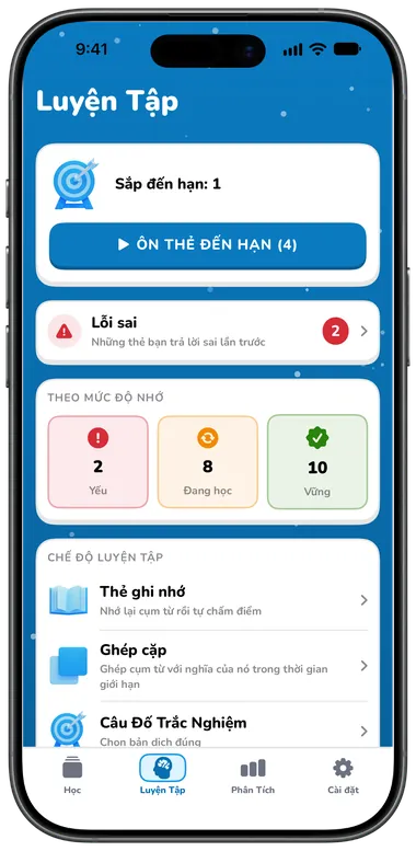 Tab Luyện Tập với Ôn thẻ đến hạn, Lỗi sai và các chế độ luyện tập