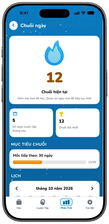 Màn hình Chuỗi ngày với chuỗi 12 ngày và lịch