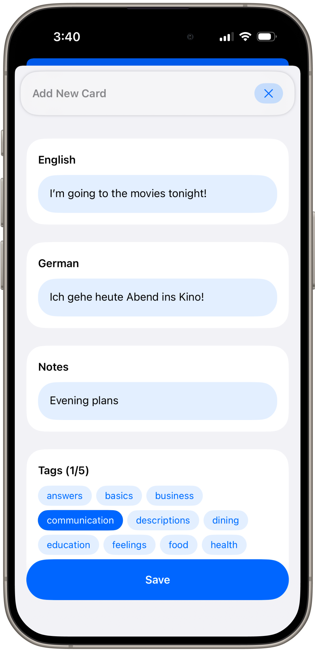 Create cards with automatic translation